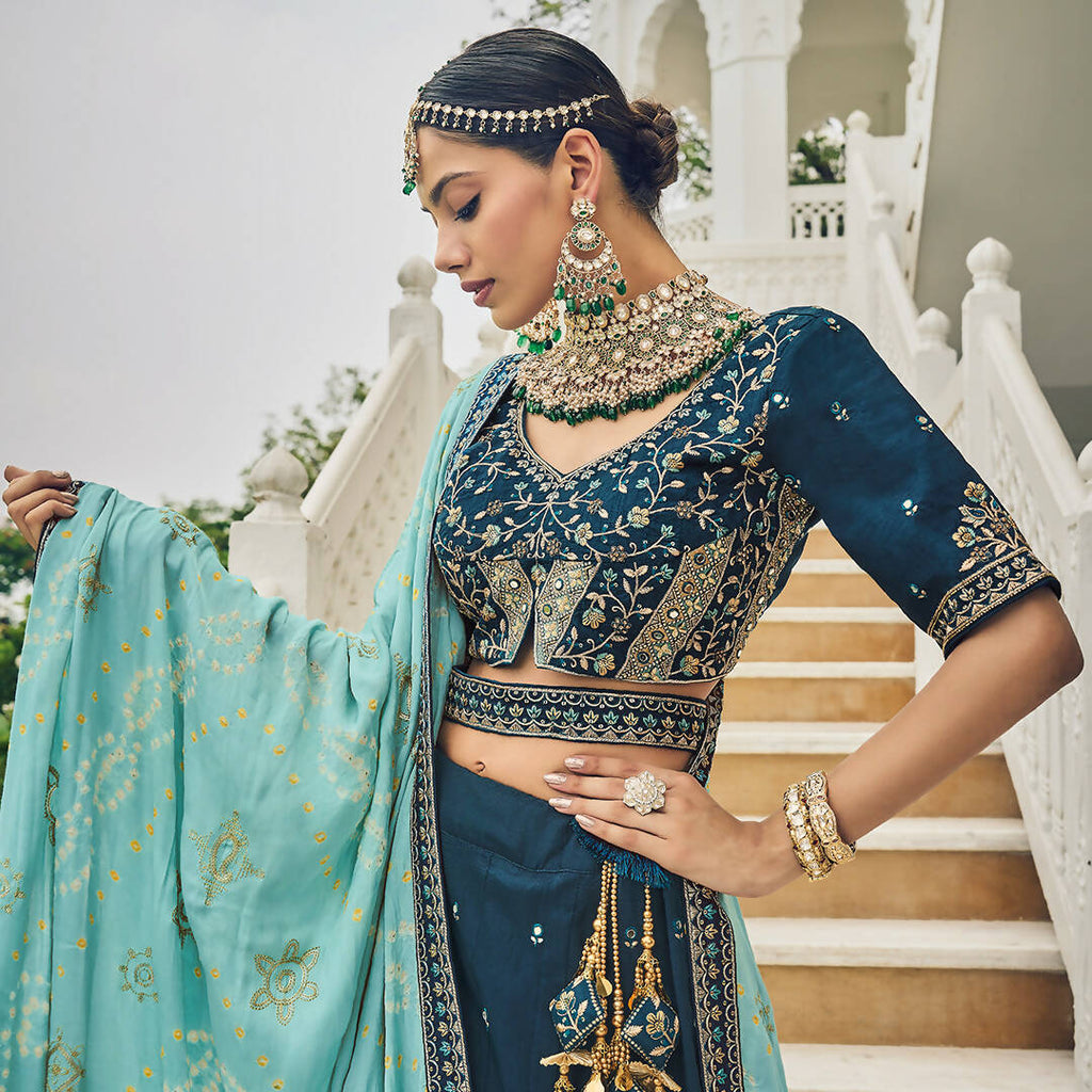 Navy Blue Heavy Viscose Khatli, Embroidery & Mirror Work Unstitched Lehenga Choli - Sisha Keshav | Grocsy