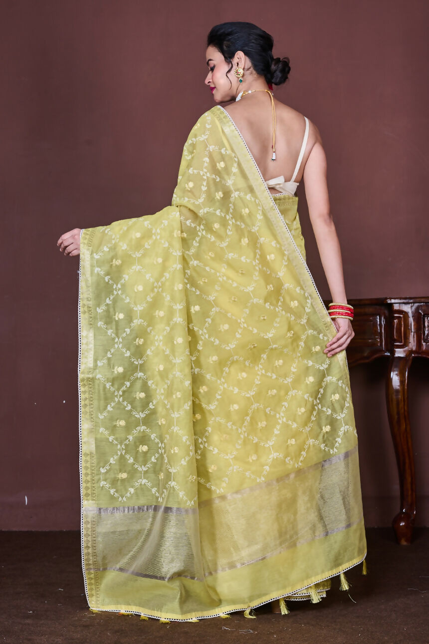 Morchari Yellow Cotton Chanderi Embroidery Saree Unstitched Blouse | Grocsy