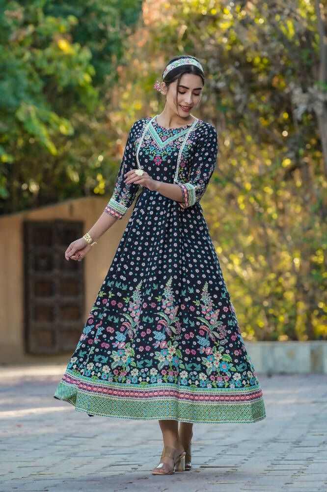 Juniper Women Black Rayon Printed Anarkali Dress | Grocsy