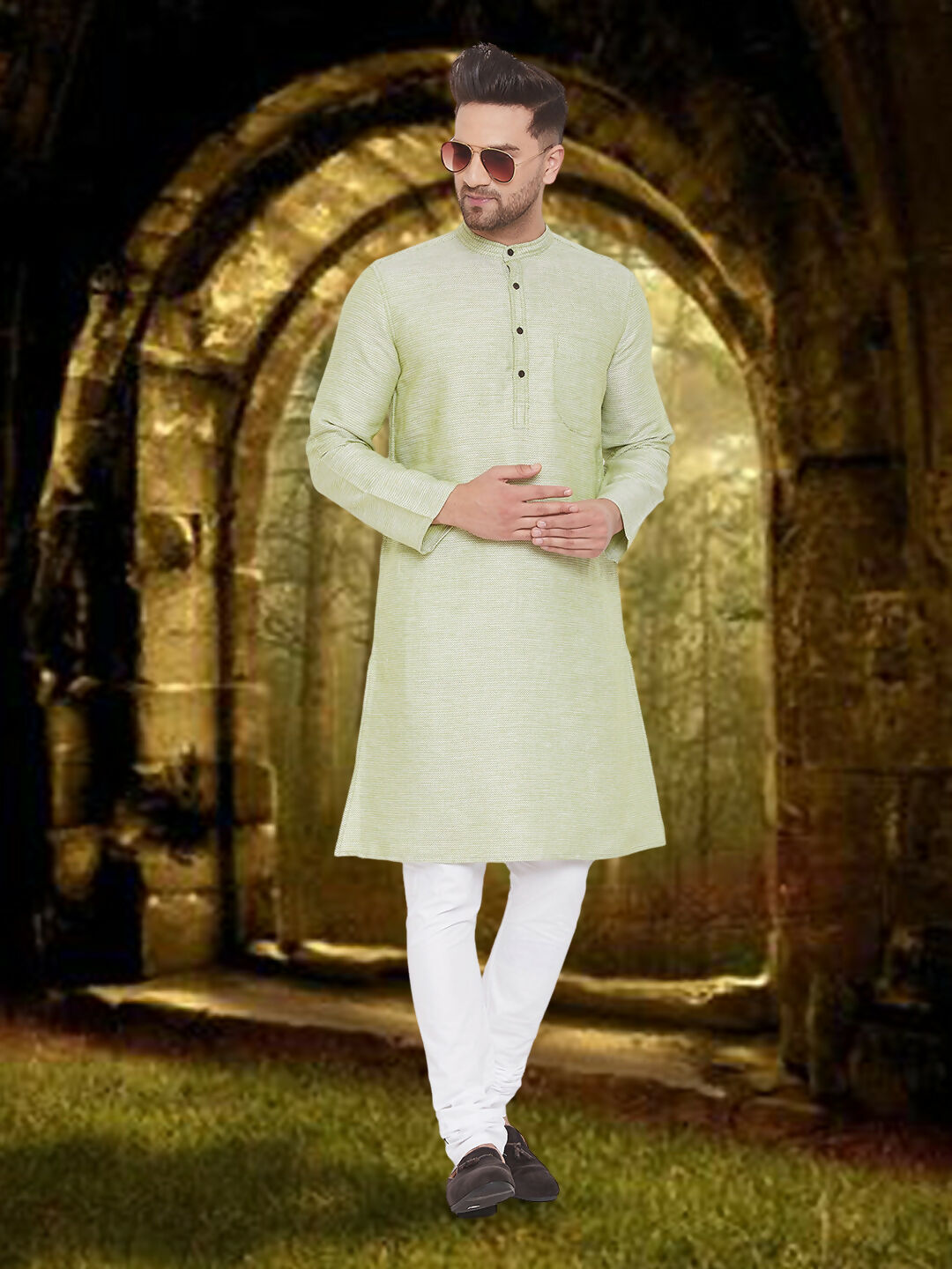 Even Apparels Men's Pure Cotton Green Kurta | Grocsy
