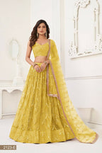 Aastha Fashion Yellow Butterfly Net Tone To Tone Thread Work, Sequence Work And Original Mirror Work Embroidery Wedding Wear Lehenga Choli | Grocsy