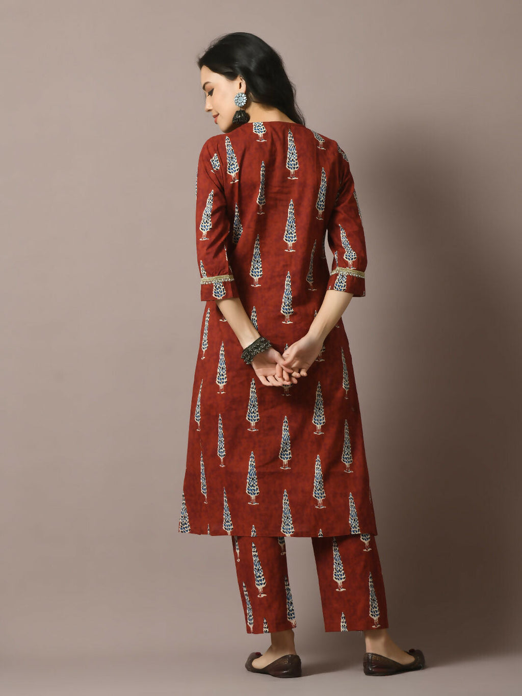 Myshka Women's Rust Printed Cotton Straight Party Kurta Set | Grocsy