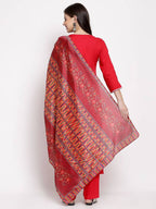 Myshka Women's Latest Red Cotton Solid 3/4 Sleeve Square Neck Casual Kurta Pant Dupatta Set | Grocsy