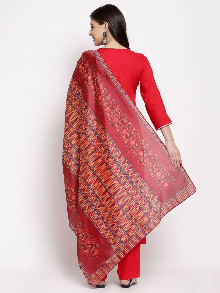 Myshka Women's Latest Red Cotton Solid 3/4 Sleeve Square Neck Casual Kurta Pant Dupatta Set | Grocsy