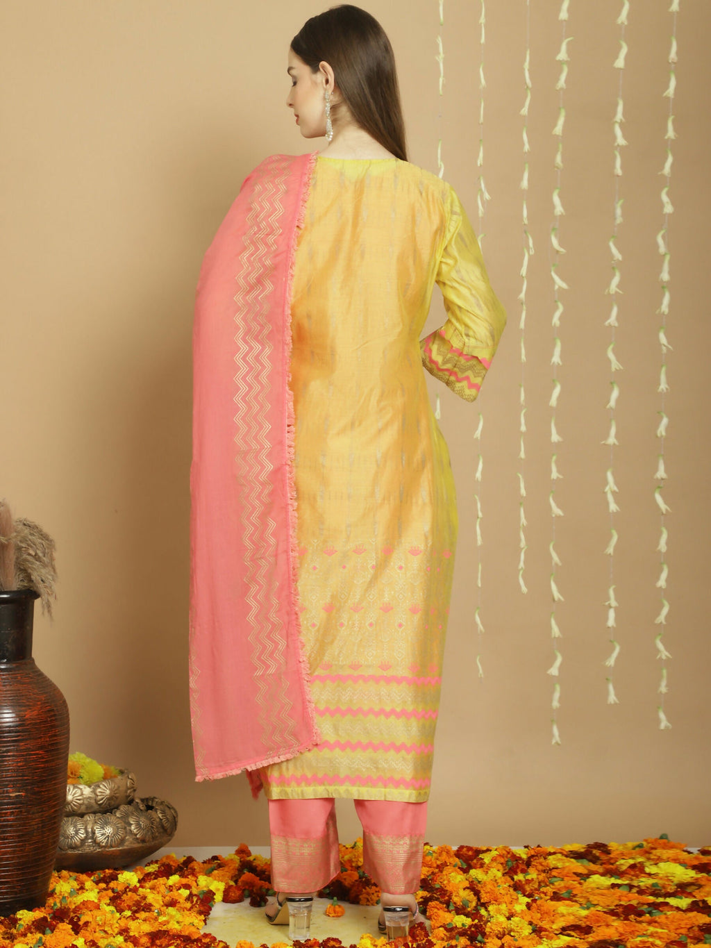 Jyoti Fashion Women's Yellow Chanderi Silk Elegant Jardoshi Semi Kurta with Trouser & Dupatta | Grocsy