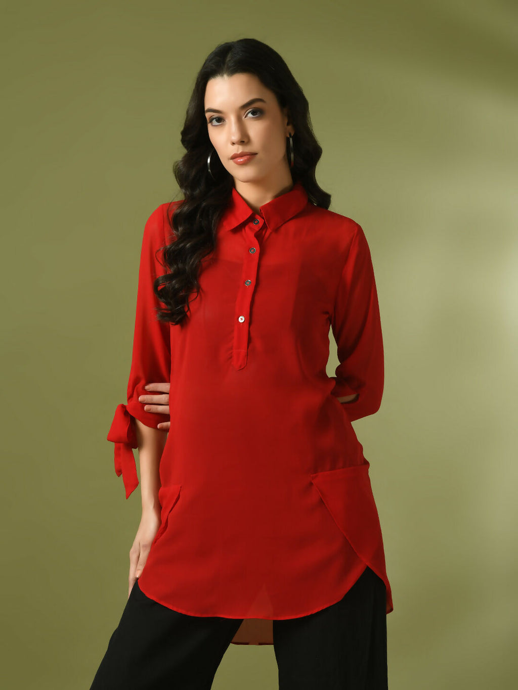 Myshka Women's Red Solid Georgette Longline Party Sheer Tunic | Grocsy