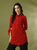 Myshka Women's Red Solid Georgette Longline Party Sheer Tunic | Grocsy
