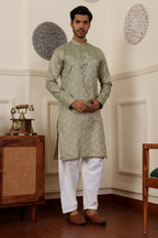 Pista Viscose Woven Jacquard Work Men's Rajwadi Kurta Set - Mahotsav | Grocsy