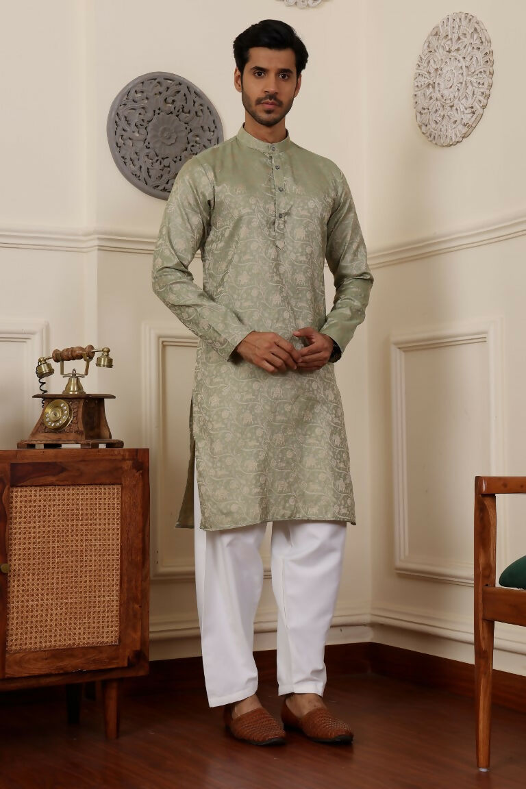 Pista Viscose Woven Jacquard Work Men's Rajwadi Kurta Set - Mahotsav | Grocsy