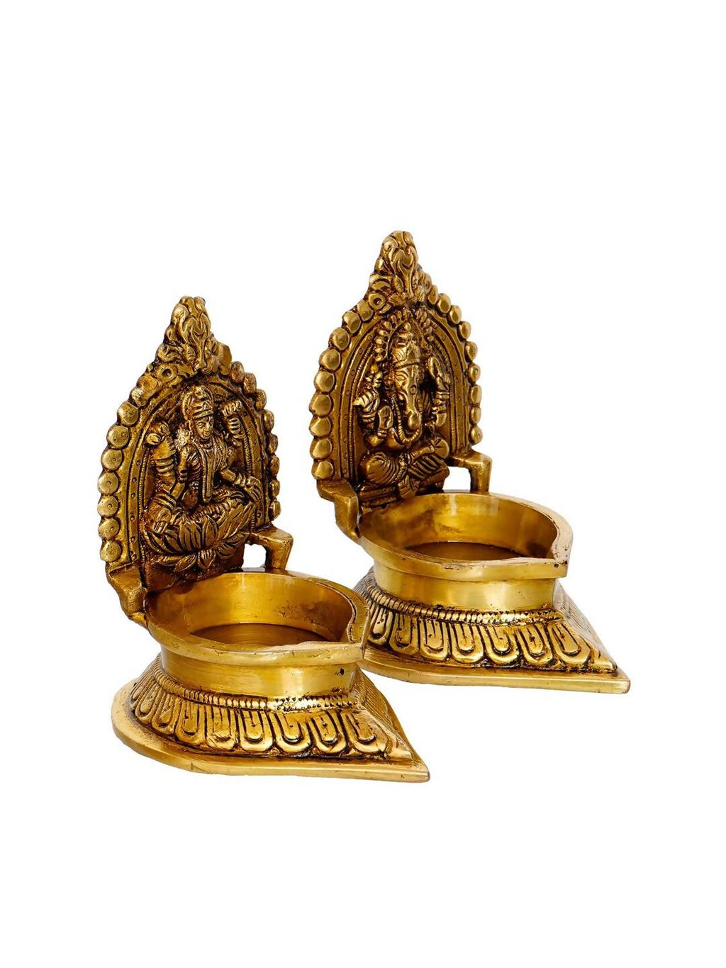 eCraftIndia Set of 2 Gold-Toned Handcrafted Brass Laxmi Ganesha Idol Deepak | Grocsy