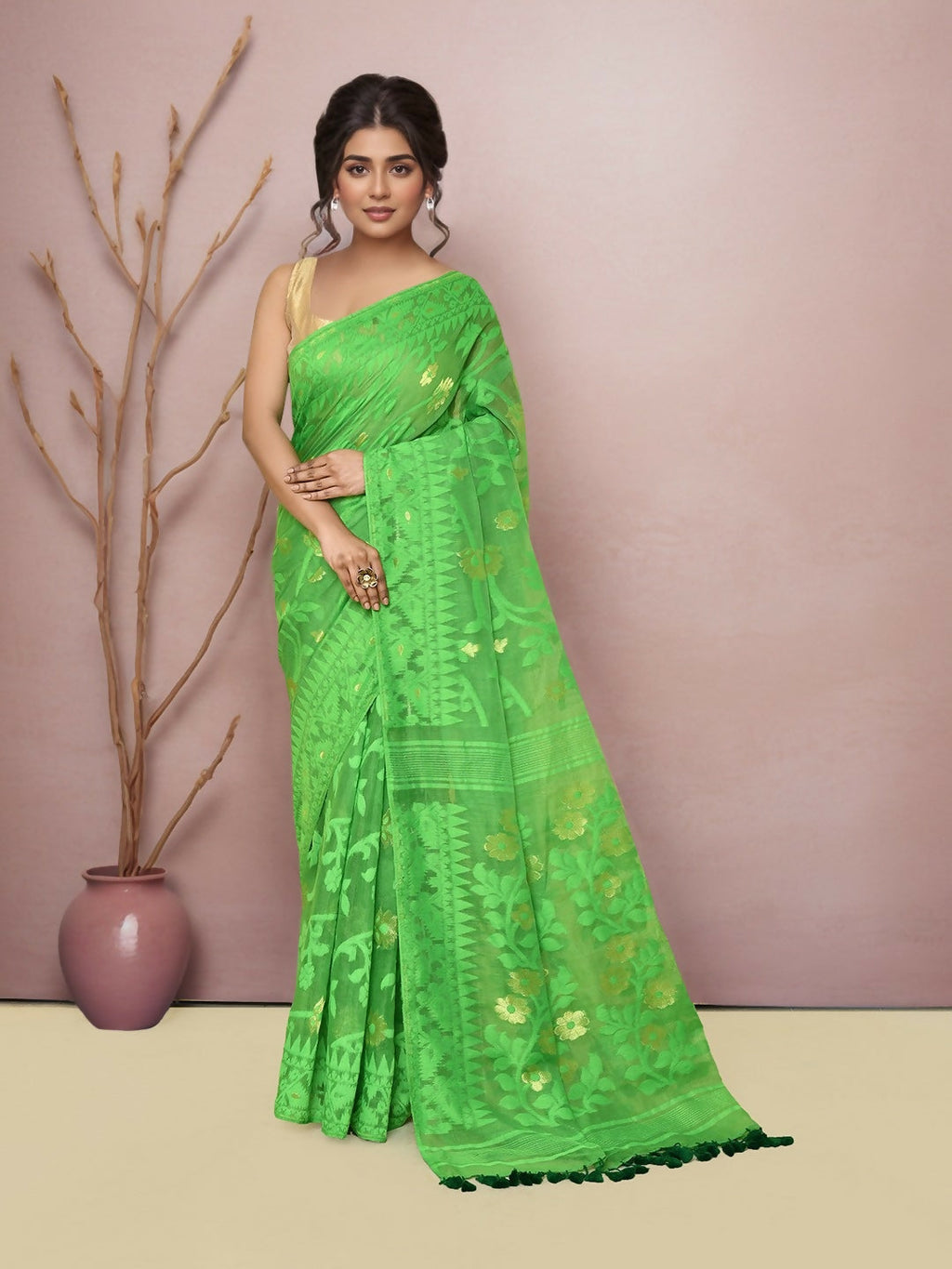 Joban Fashion Green Cotton Blend Jamdani Saree | Grocsy