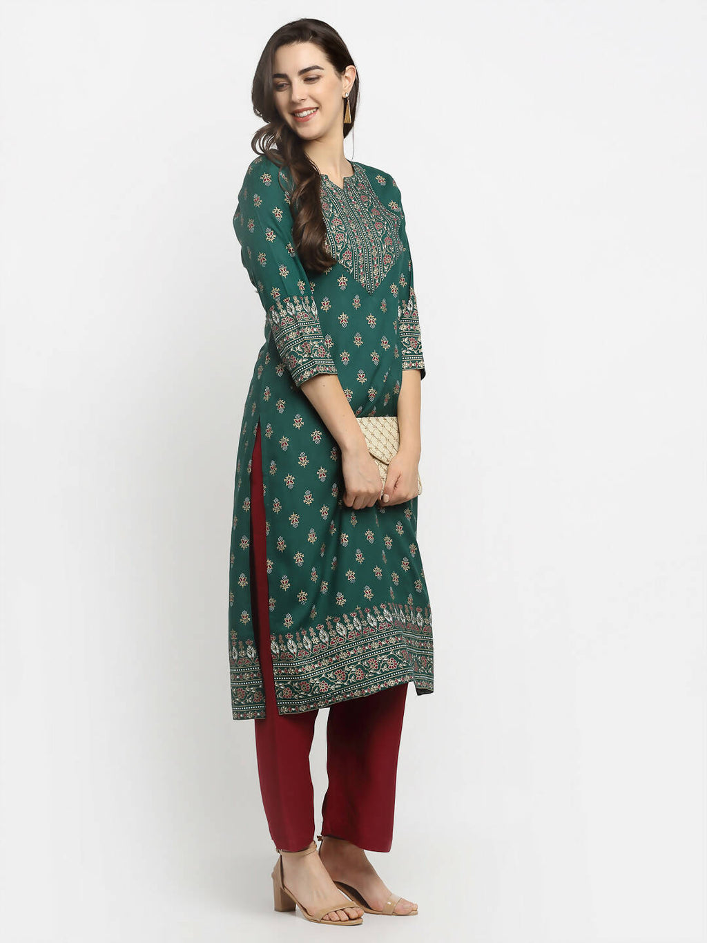 Rudra Bazaar Green Printed Yoke Designed Straight Kurta with Maroon Pyjamas | Grocsy