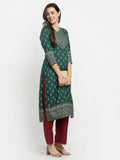Rudra Bazaar Green Printed Yoke Designed Straight Kurta with Maroon Pyjamas | Grocsy