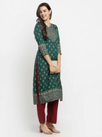 Rudra Bazaar Green Printed Yoke Designed Straight Kurta with Maroon Pyjamas | Grocsy