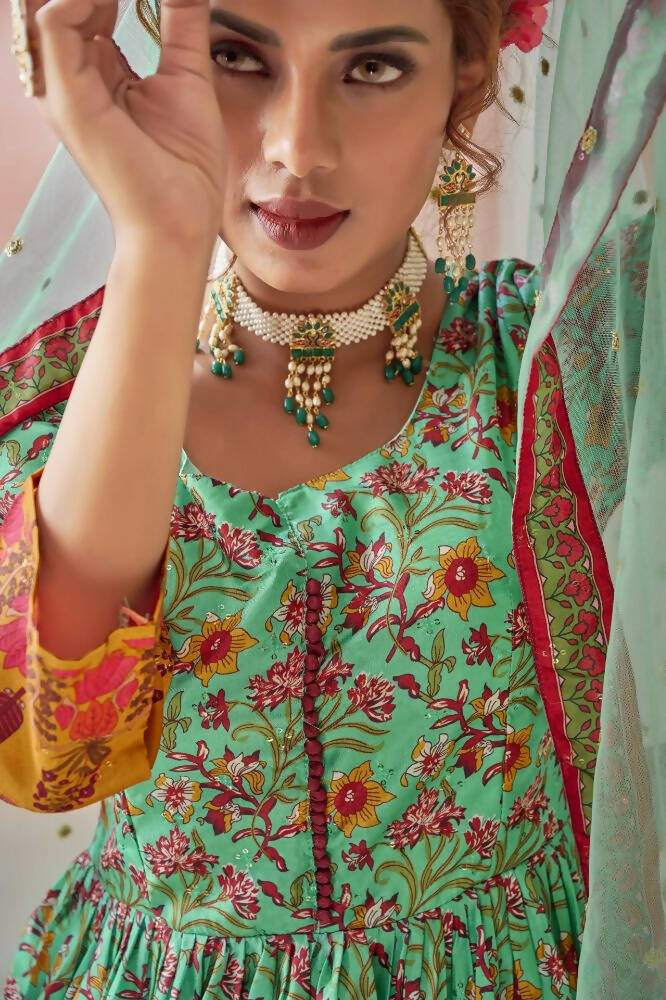 Everywhere Designer Green Dola Silk Gown With Dupatta - Anbazaar | Grocsy