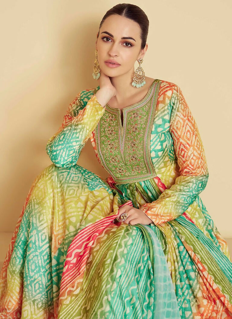 Vastranavya Turquoise Muslin Printed Sequins Beads Work Abaya Style Anarkali Suit | Grocsy
