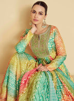 Vastranavya Turquoise Muslin Printed Sequins Beads Work Abaya Style Anarkali Suit | Grocsy