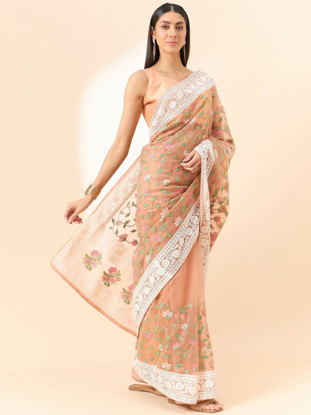 Peach Organza Floral Embroidered Saree with Unstitched Blouse Piece - Roozal | Grocsy