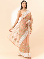 Peach Organza Floral Embroidered Saree with Unstitched Blouse Piece - Roozal | Grocsy
