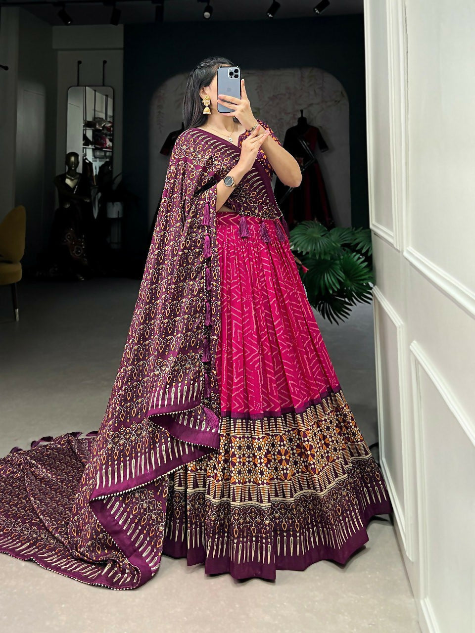 Vastranavya Bandhej And Ajarakh Print Tussar Silk Lehenga Choli - Pink | Grocsy
