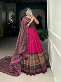 Vastranavya Bandhej And Ajarakh Print Tussar Silk Lehenga Choli - Pink | Grocsy