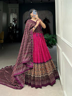 Vastranavya Bandhej And Ajarakh Print Tussar Silk Lehenga Choli - Pink | Grocsy