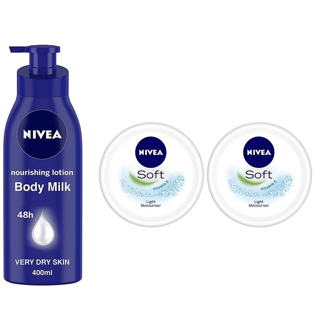 Nivea Nourishing Lotion Body Milk & Soft Light Moisturizing Cream Combo Pack | Grocsy