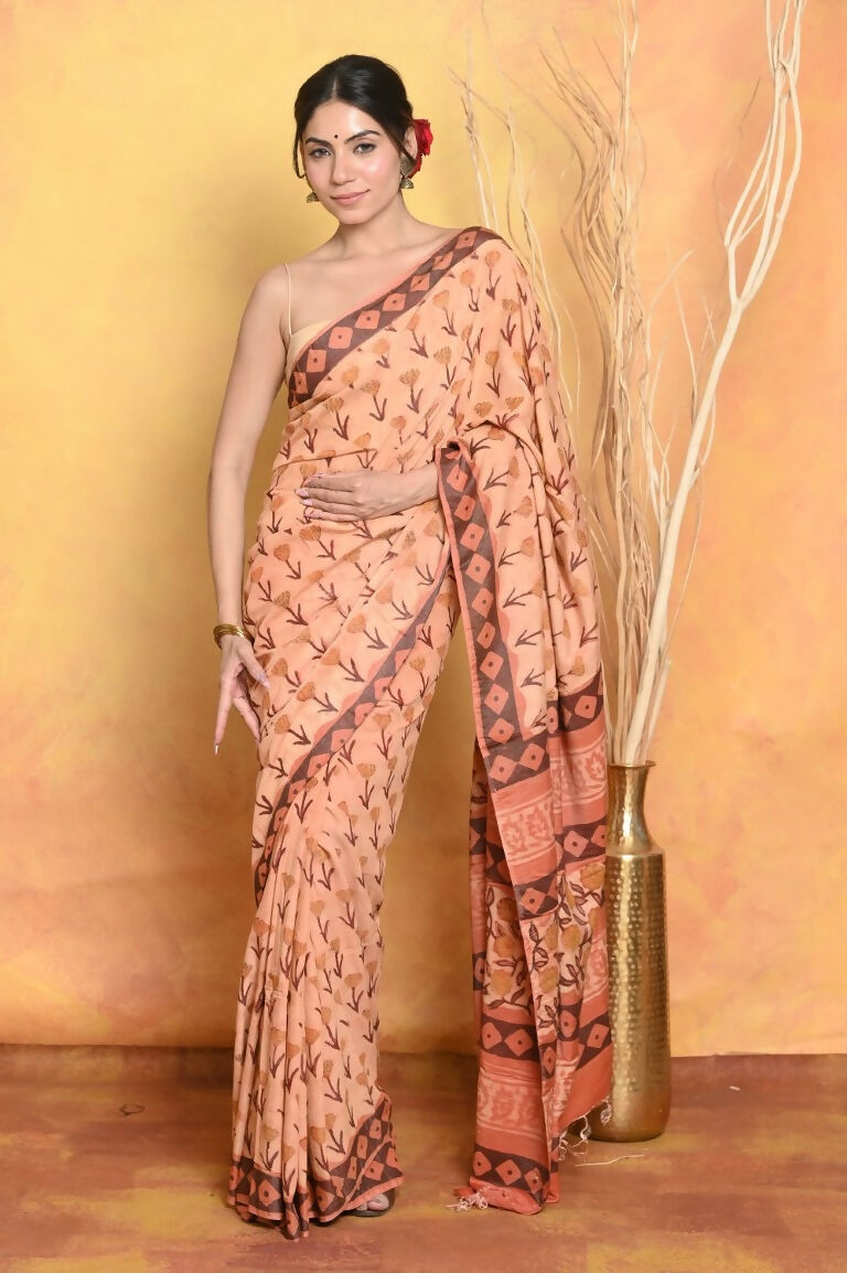 Very Much Indian Designer Modal Silk Saree With With Beautiful Floral Print - Light Orange | Grocsy