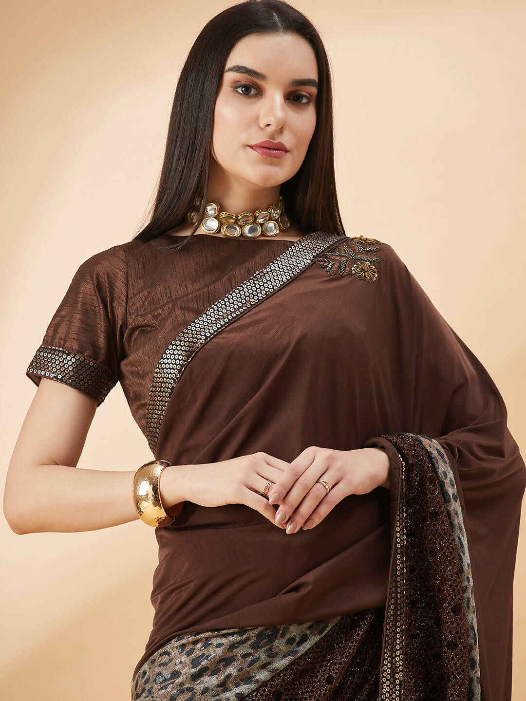 Brown Lycra Animal Print, Fancy Value Addition Fabric Saree - Norita Hit Design | Grocsy