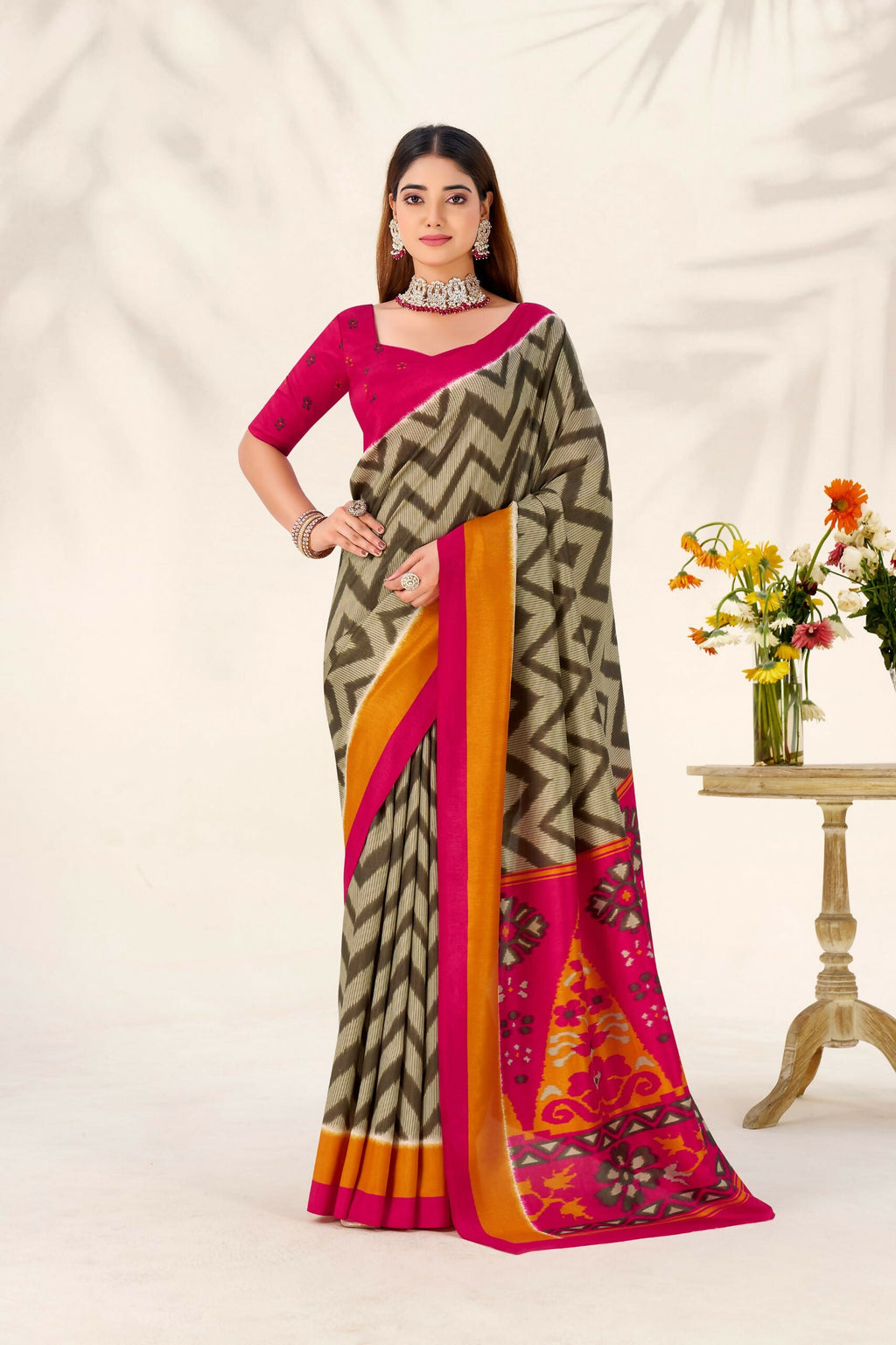 Vastranavya Mehendi Tussar Silk Zigzag Waves Printed Saree with Unstitched Blouse | Grocsy