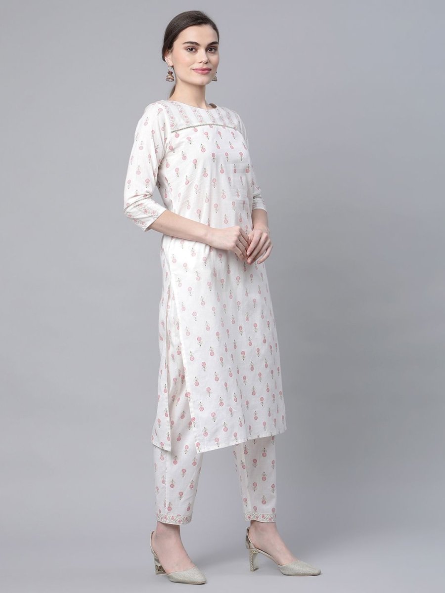 Ahalyaa Women White Pure Cotton Printed Kurta Pant Set | Grocsy