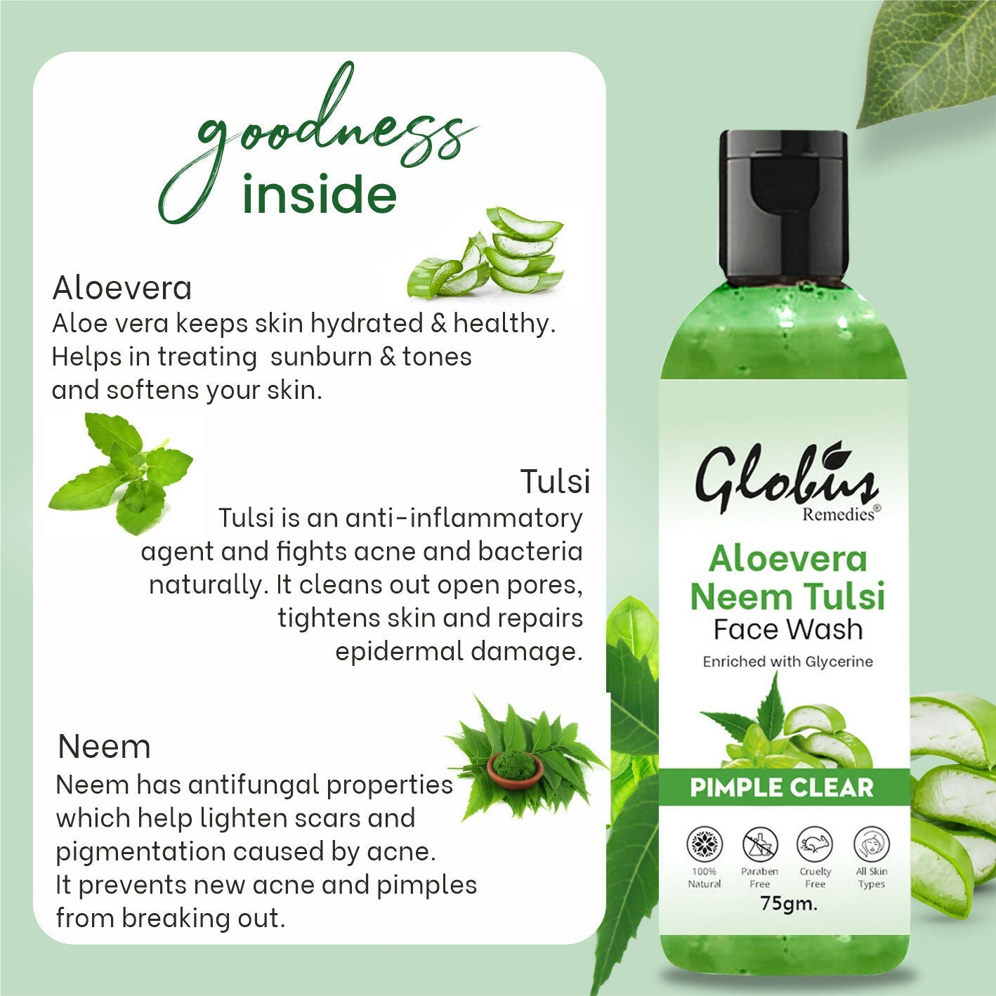 Globus Remedies Aloe vera Neem Tulsi Enriched With Glycerin & Oil Control Formula | Grocsy