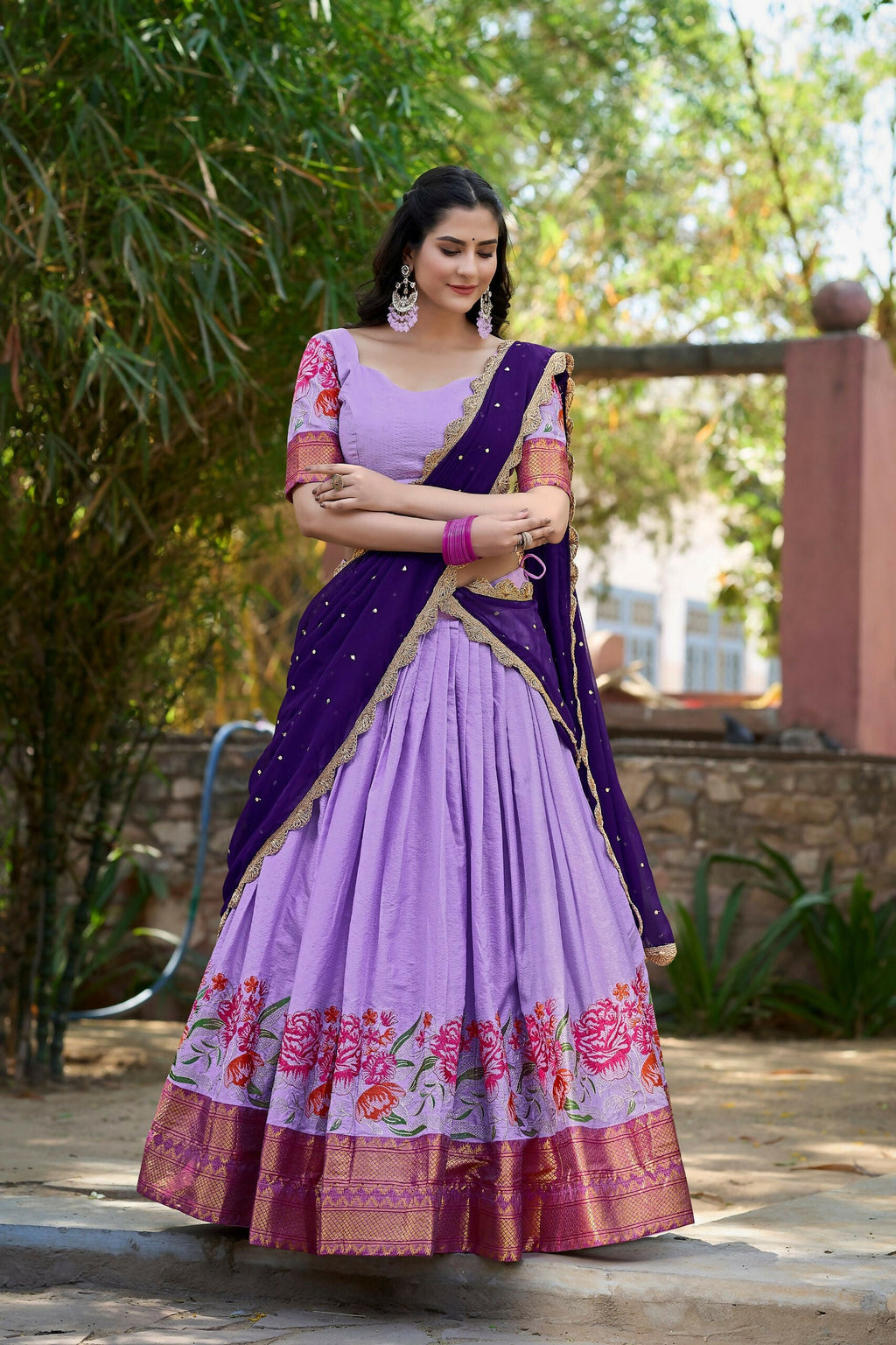 Vastranavya Stunning Cotton Silk Thread Embroidery Work Lehenga Choli - Lavander | Grocsy