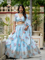 Women’s Semi-Stitched Sky Blue Star Georgette Zari Sequence Embroidery Digital Printed Work Lehenga Choli With Star Georgette Dupatta-Jihu Culture | Grocsy