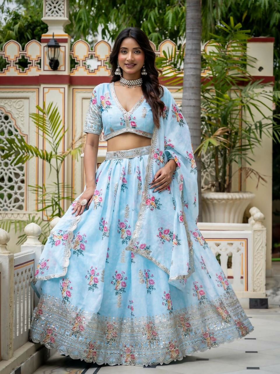 Women’s Semi-Stitched Sky Blue Star Georgette Zari Sequence Embroidery Digital Printed Work Lehenga Choli With Star Georgette Dupatta-Jihu Culture | Grocsy