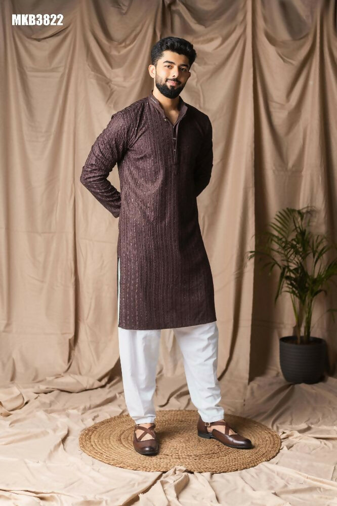 Dark Brown Rayon Thread Embroidery Work Kurta Set - Mahotsav | Grocsy