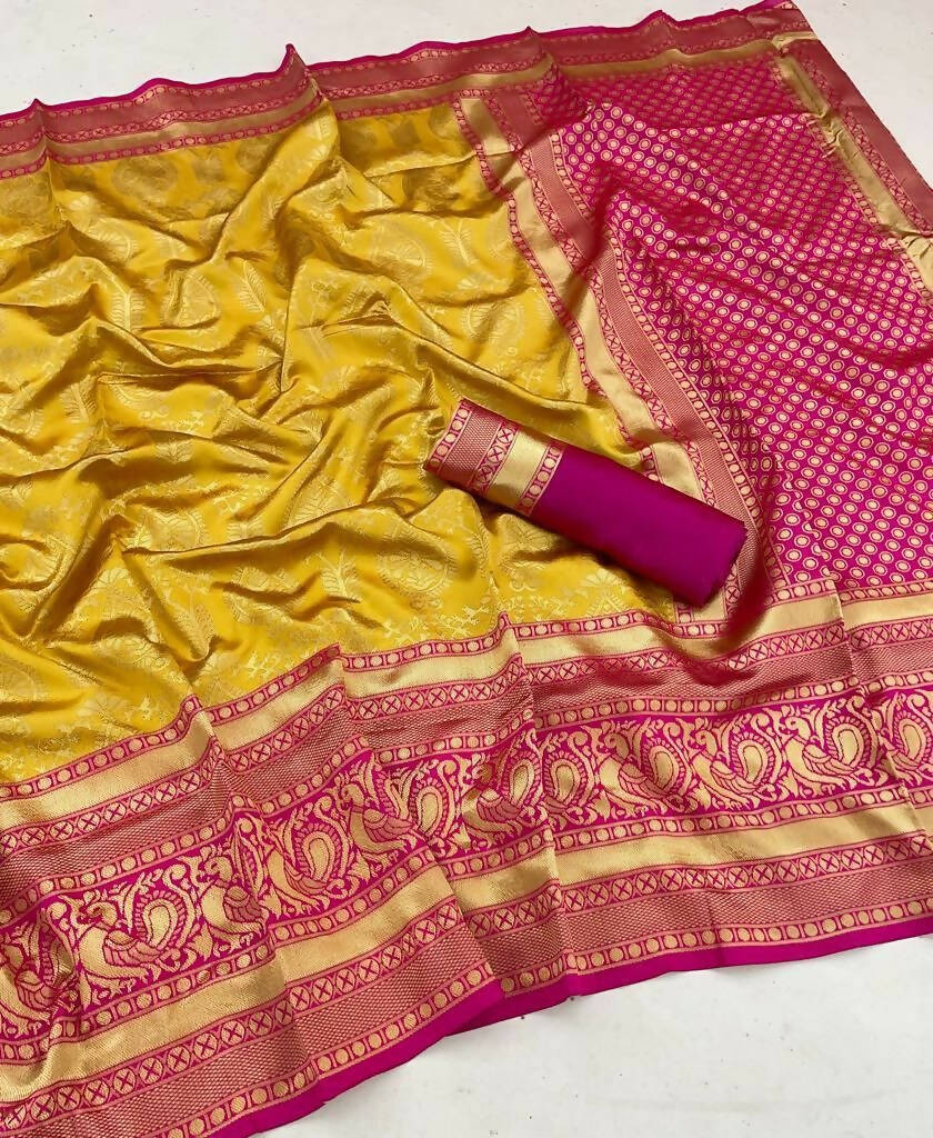 DEIANA'S Beautiful Designer Golden zari Soft Lichi Silk Saree - Yellow | Grocsy