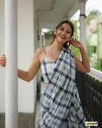 Exclusive Collection Beautiful Check Blue Pure Cotton Woven Handloom Saree With Running Blouse Piece | Grocsy