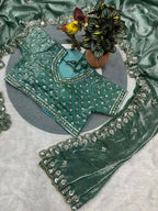 Joban Fashion Green Fandy Satin Silk Party Wear Sarees | Grocsy