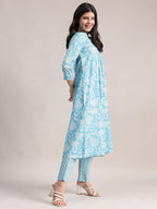 Aavyora Women's Sky Blue Floral Printed A-Line Kurta with Pintucks, Striped Pants & Dupatta Set | Grocsy