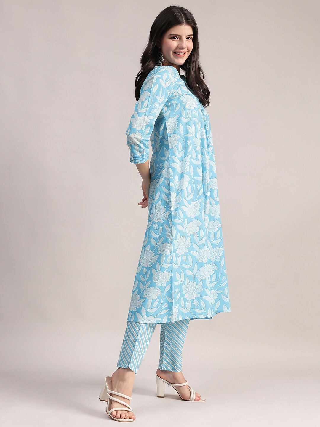 Aavyora Women's Sky Blue Floral Printed A-Line Kurta with Pintucks, Striped Pants & Dupatta Set | Grocsy