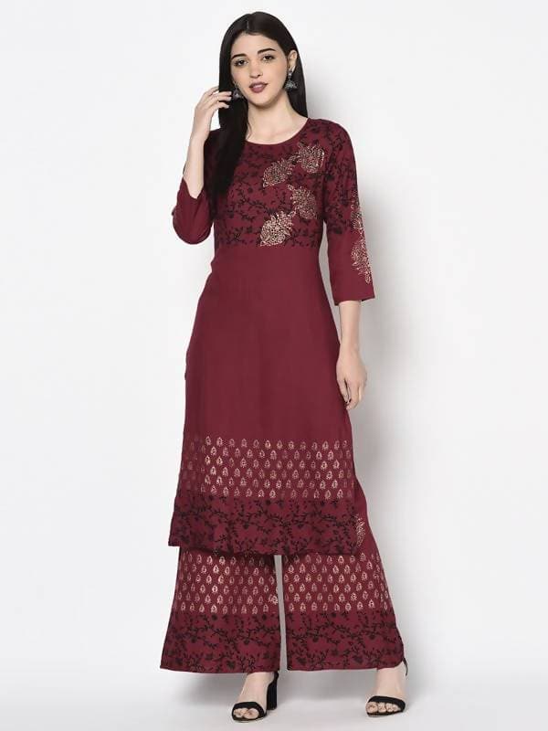 Aniyah Rayon Maroon Color Block Print Flared Slip-On Palazzo (AN-183K) | Grocsy