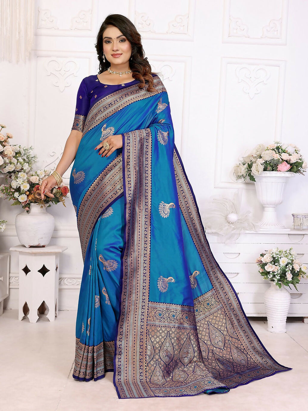 Joban Fashion Banarasi Royal Blue Small Butti Soft Silk Saree | Grocsy