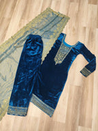 Vastranavya Morpeach Velvet With Rich Sequins & Zari Embroidered Work Top-Bottom With Dupatta | Grocsy