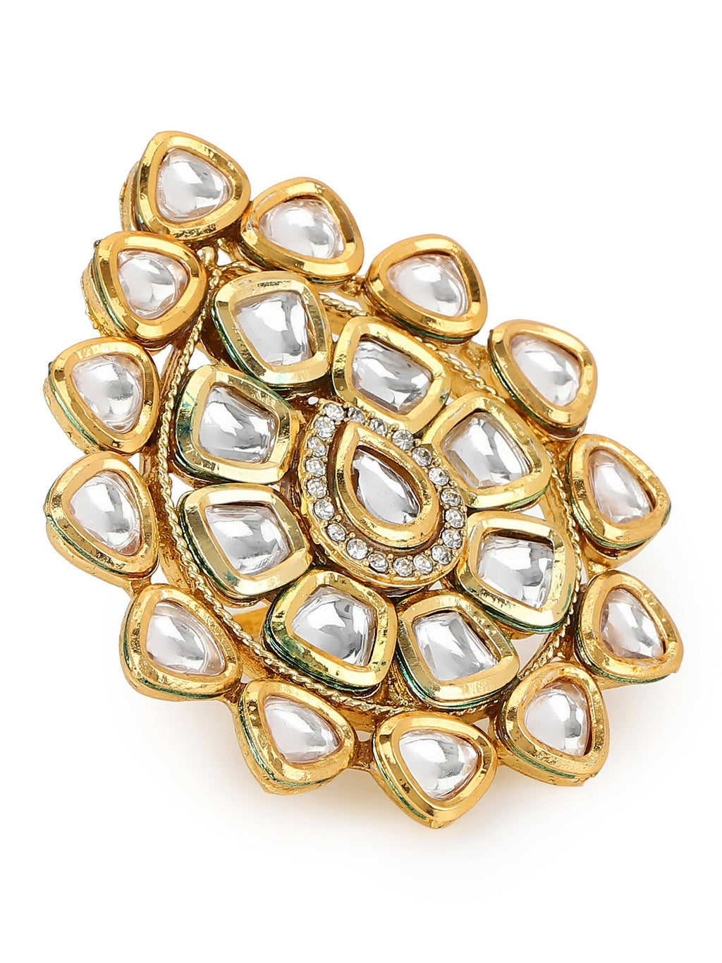 Gold-Polished White Kundan-Studded Adjustable Finger Ring - Ruby Raang | Grocsy