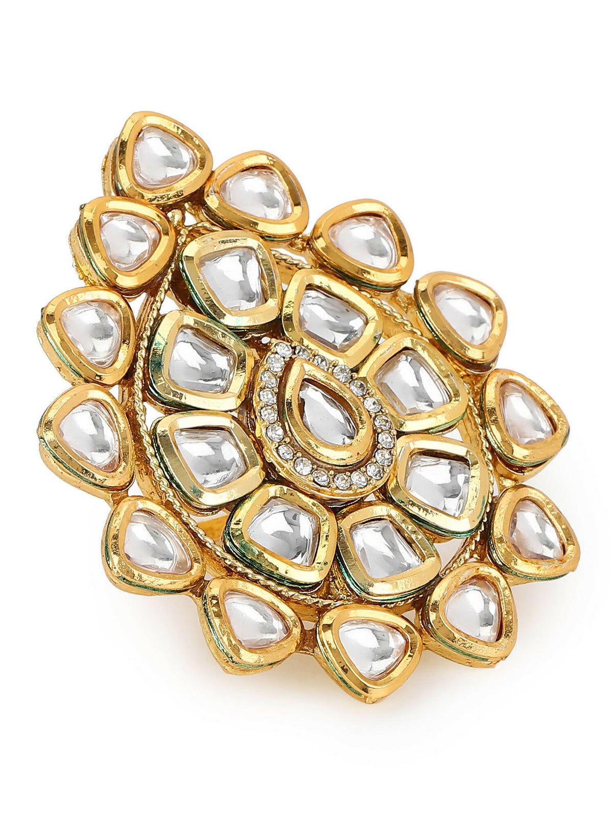 Gold-Polished White Kundan-Studded Adjustable Finger Ring - Ruby Raang | Grocsy