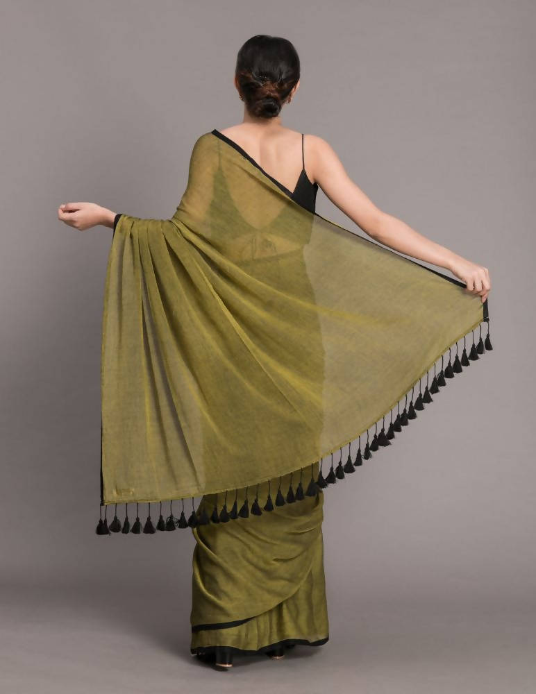 Suta Olive Green Black Solid Pure Cotton Saree | Grocsy