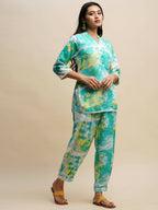 Sky Blue Poly Rayon Tie and dye Printed Top with Matching Trouser - Shivani | Grocsy