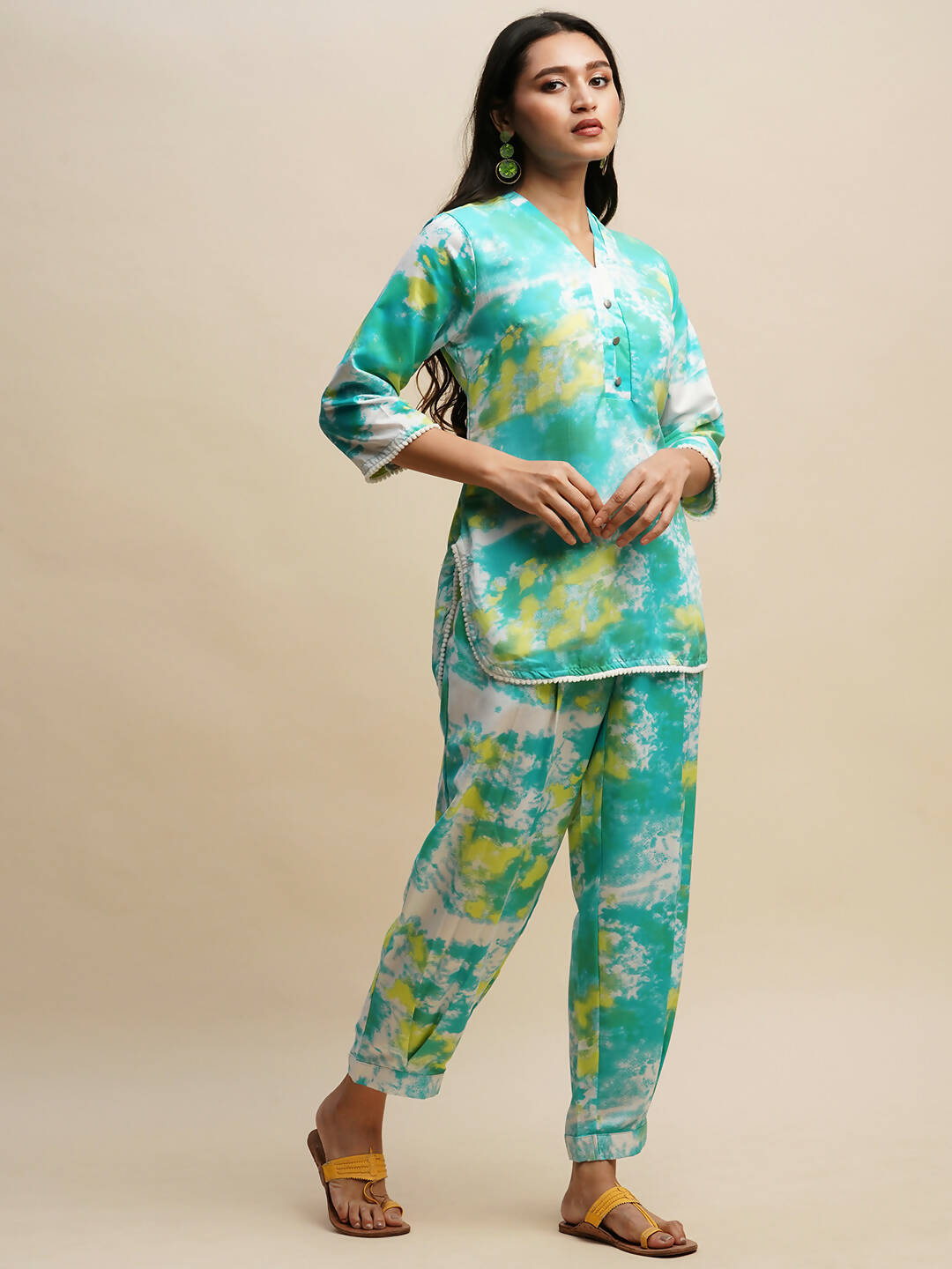 Sky Blue Poly Rayon Tie and dye Printed Top with Matching Trouser - Shivani | Grocsy