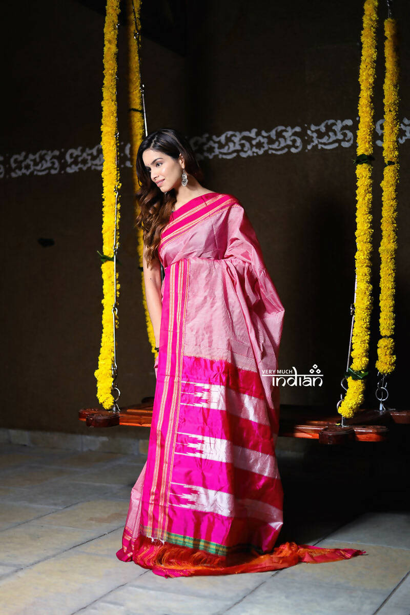 Very Much Indian Handloom Cotton Viscose Ilkal Saree Pink | Grocsy